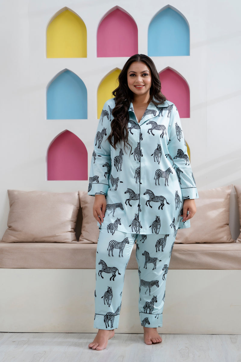 Sky Blue Satin Printed Long Shirt & Pyjama Night Suit (Plus Size)