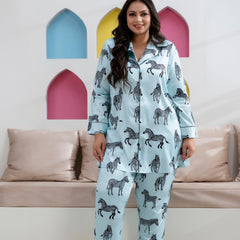 Sky Blue Satin Printed Long Shirt & Pyjama Night Suit (Plus Size)