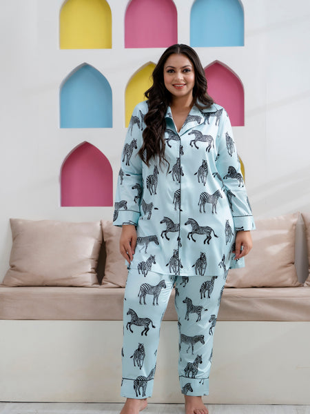 Sky Blue Satin Printed Long Shirt & Pyjama Night Suit (Plus Size)