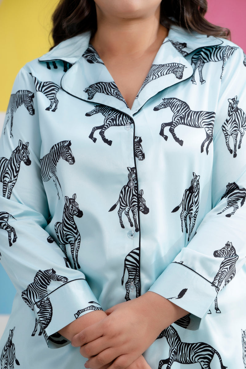 Sky Blue Satin Printed Long Shirt & Pyjama Night Suit (Plus Size)
