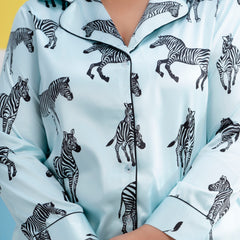 Sky Blue Satin Printed Long Shirt & Pyjama Night Suit (Plus Size)