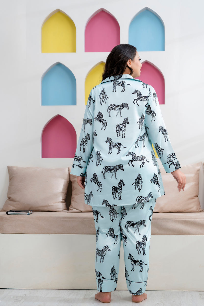 Sky Blue Satin Printed Long Shirt & Pyjama Night Suit (Plus Size)