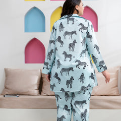 Sky Blue Satin Printed Long Shirt & Pyjama Night Suit (Plus Size)