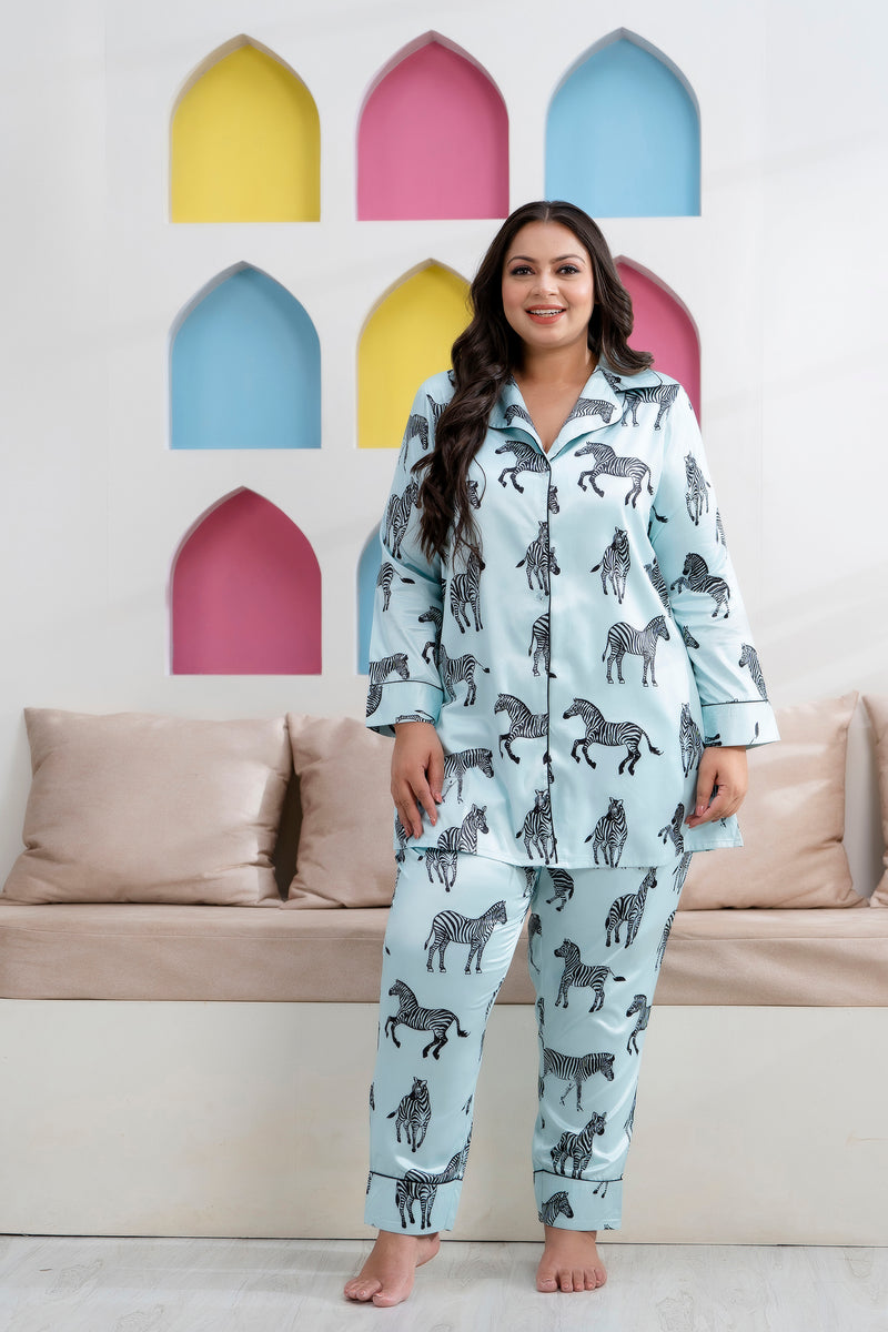Sky Blue Satin Printed Long Shirt & Pyjama Night Suit (Plus Size)
