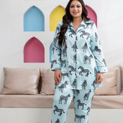 Sky Blue Satin Printed Long Shirt & Pyjama Night Suit (Plus Size)