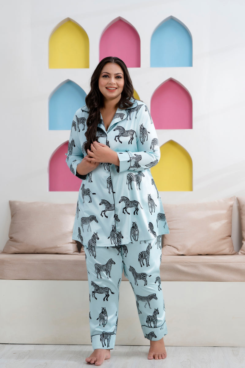 Sky Blue Satin Printed Long Shirt & Pyjama Night Suit (Plus Size)