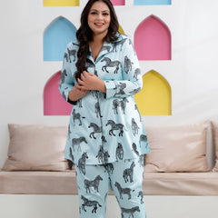 Sky Blue Satin Printed Long Shirt & Pyjama Night Suit (Plus Size)