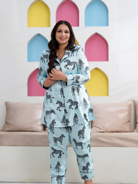 Sky Blue Satin Printed Long Shirt & Pyjama Night Suit (Plus Size)