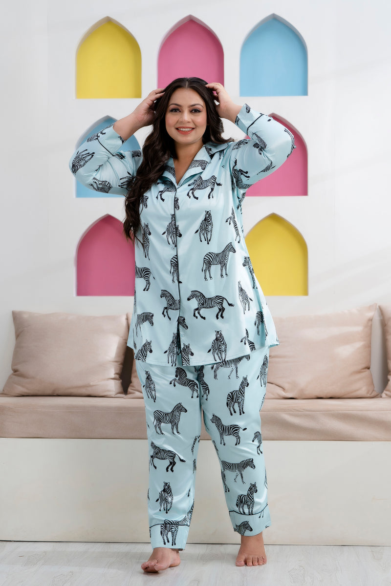Sky Blue Satin Printed Long Shirt & Pyjama Night Suit (Plus Size)