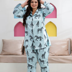 Sky Blue Satin Printed Long Shirt & Pyjama Night Suit (Plus Size)