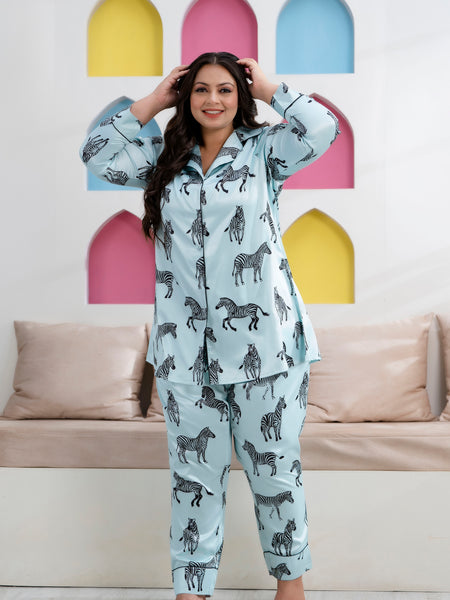 Sky Blue Satin Printed Long Shirt & Pyjama Night Suit (Plus Size)