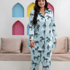 Sky Blue Satin Printed Long Shirt & Pyjama Night Suit (Plus Size)
