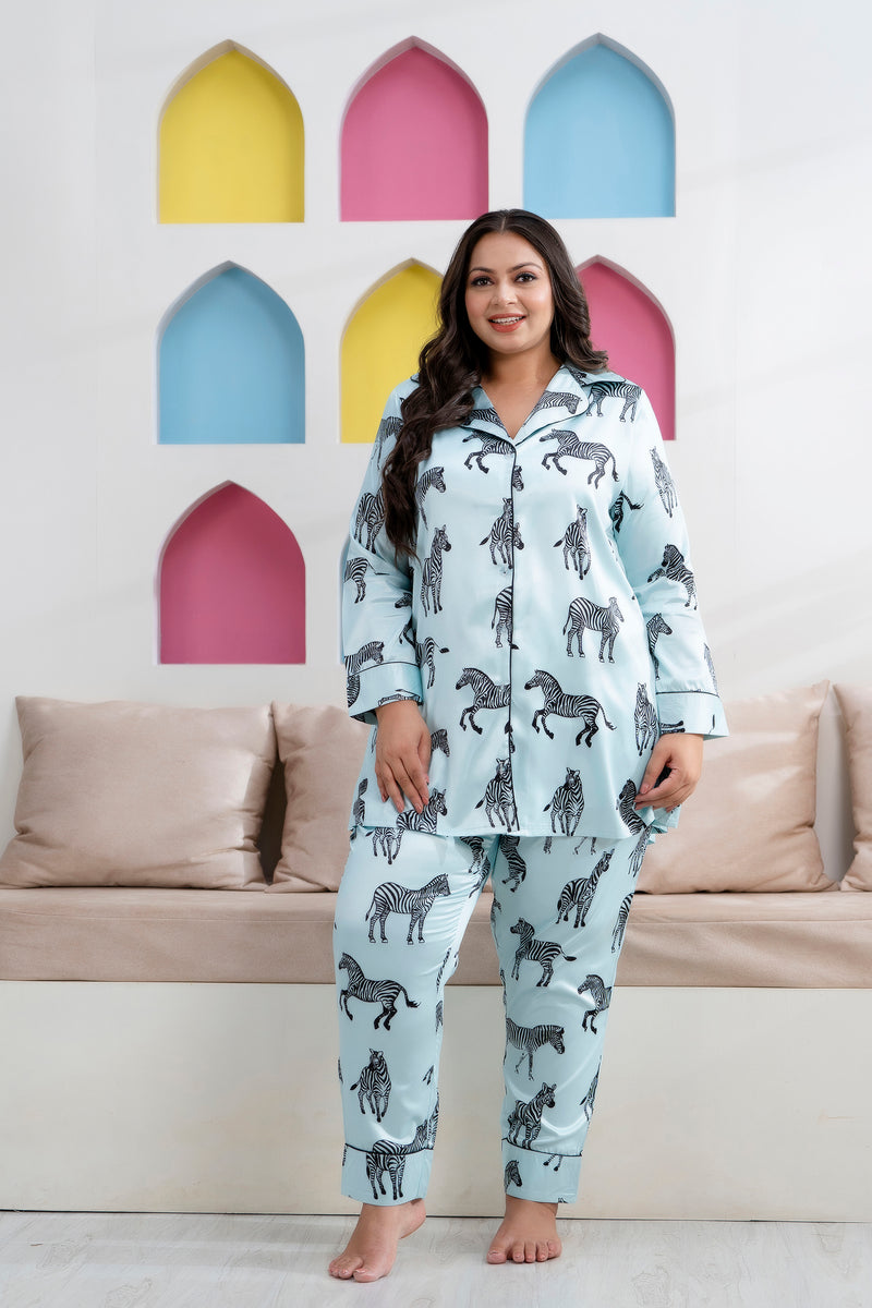 Sky Blue Satin Printed Long Shirt & Pyjama Night Suit (Plus Size)