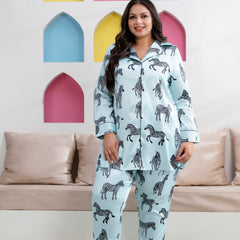 Sky Blue Satin Printed Long Shirt & Pyjama Night Suit (Plus Size)