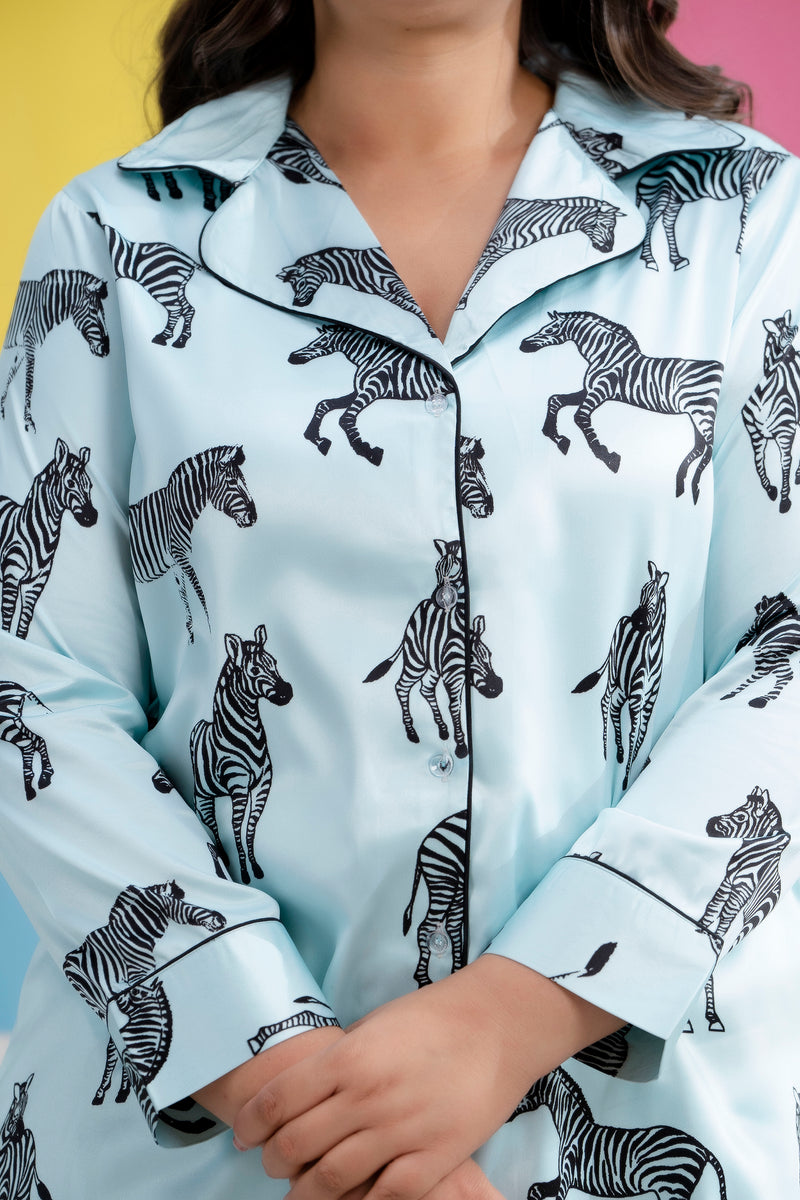 Sky Blue Satin Printed Long Shirt & Pyjama Night Suit (Plus Size)