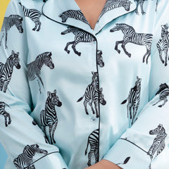 Sky Blue Satin Printed Long Shirt & Pyjama Night Suit (Plus Size)