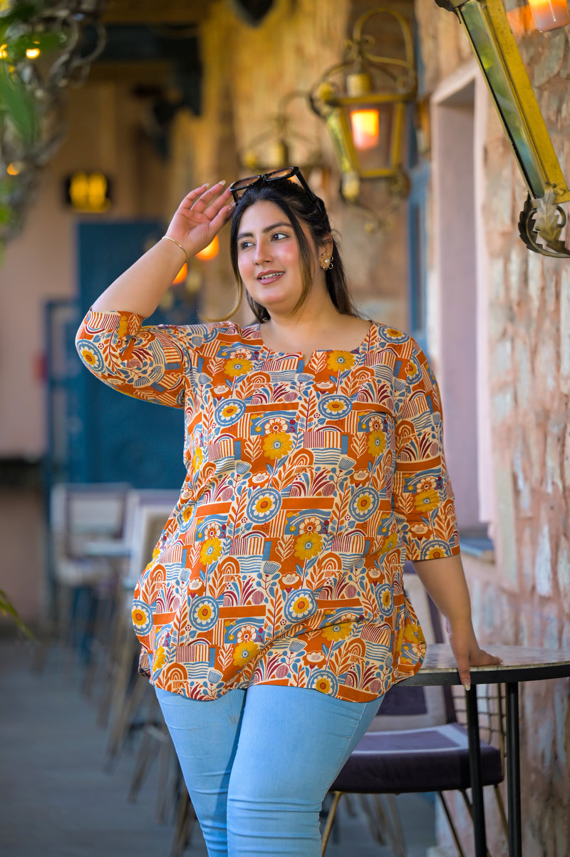 Beige Multi Printed Cotton Top with Round Neck & Three-Quarter Sleeves (Plus Size)