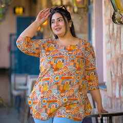 Beige Multi Printed Cotton Top with Round Neck & Three-Quarter Sleeves (Plus Size)