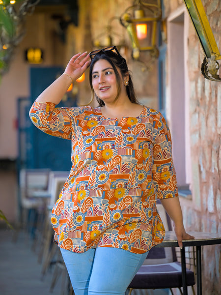 Beige Multi Printed Cotton Top with Round Neck & Three-Quarter Sleeves (Plus Size)