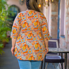 Beige Multi Printed Cotton Top with Round Neck & Three-Quarter Sleeves (Plus Size)