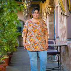 Beige Multi Printed Cotton Top with Round Neck & Three-Quarter Sleeves (Plus Size)