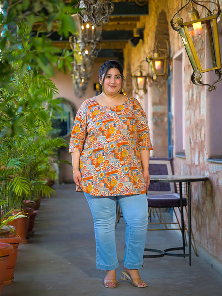Beige Multi Printed Cotton Top with Round Neck & Three-Quarter Sleeves (Plus Size)