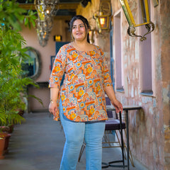 Beige Multi Printed Cotton Top with Round Neck & Three-Quarter Sleeves (Plus Size)