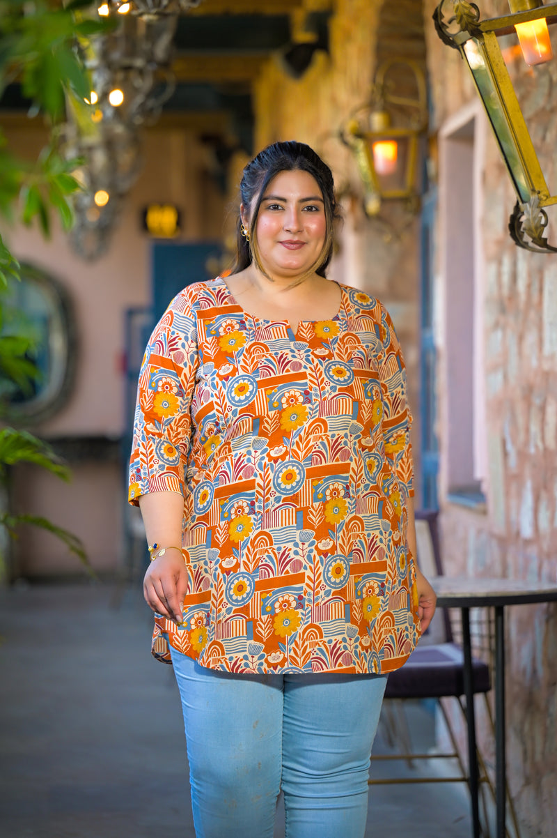 Beige Multi Printed Cotton Top with Round Neck & Three-Quarter Sleeves (Plus Size)