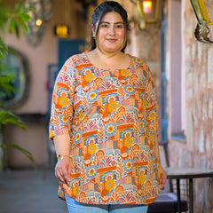 Beige Multi Printed Cotton Top with Round Neck & Three-Quarter Sleeves (Plus Size)