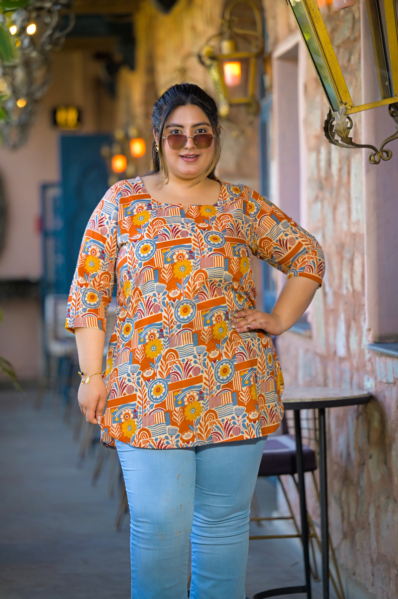 Beige Multi Printed Cotton Top with Round Neck & Three-Quarter Sleeves (Plus Size)