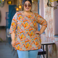 Beige Multi Printed Cotton Top with Round Neck & Three-Quarter Sleeves (Plus Size)