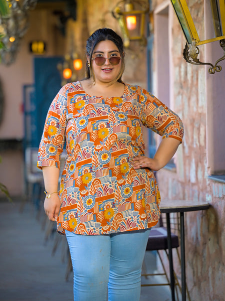 Beige Multi Printed Cotton Top with Round Neck & Three-Quarter Sleeves (Plus Size)