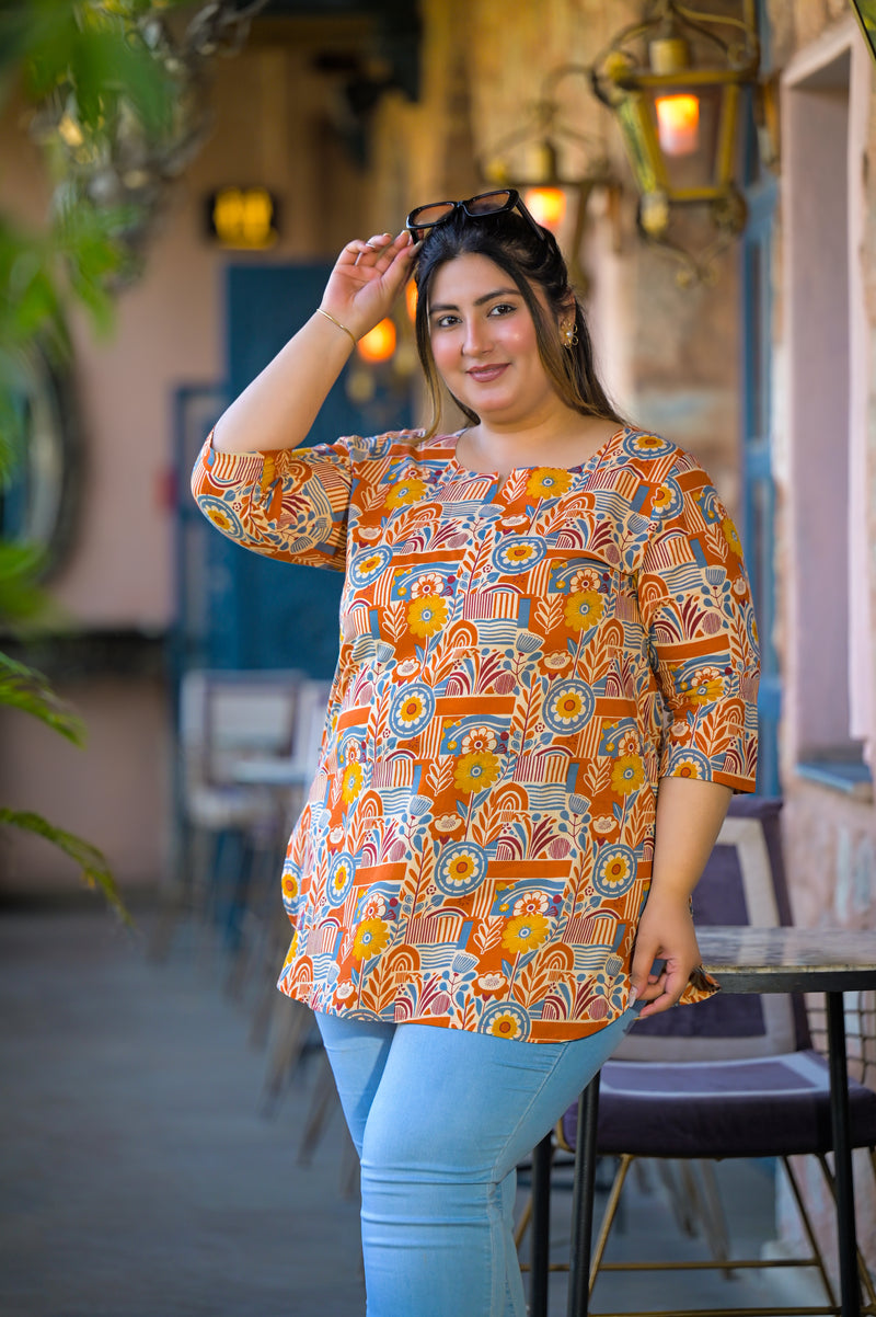 Beige Multi Printed Cotton Top with Round Neck & Three-Quarter Sleeves (Plus Size)