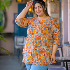 Beige Multi Printed Cotton Top with Round Neck & Three-Quarter Sleeves (Plus Size)