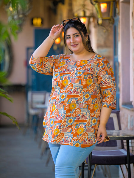 Beige Multi Printed Cotton Top with Round Neck & Three-Quarter Sleeves (Plus Size)