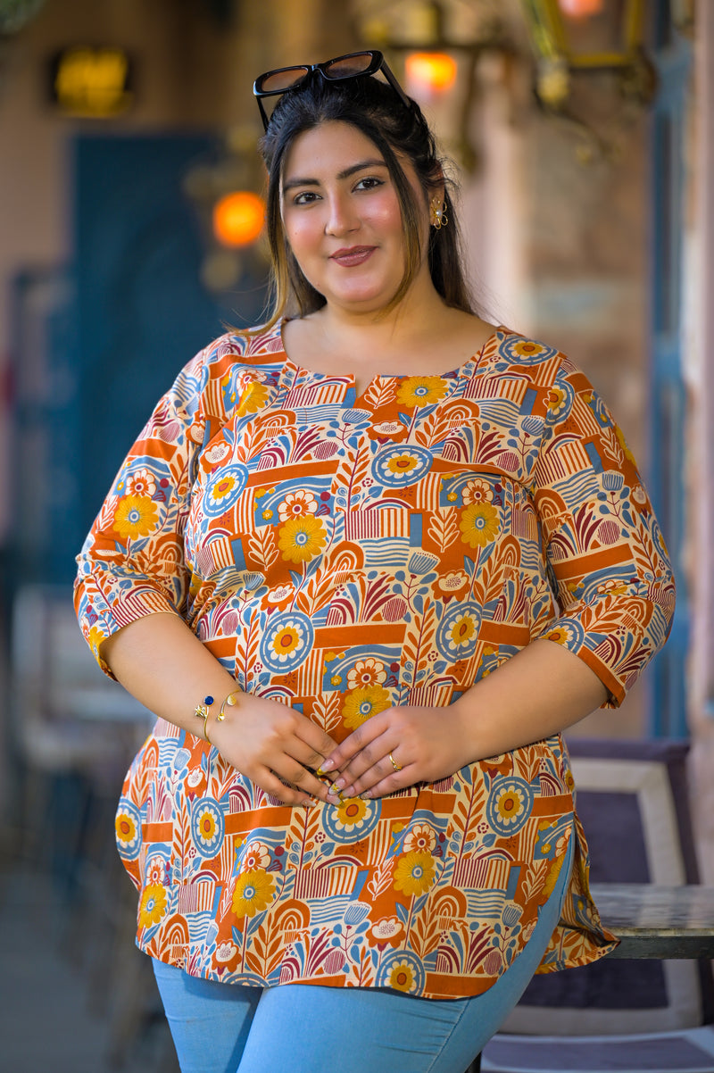 Beige Multi Printed Cotton Top with Round Neck & Three-Quarter Sleeves (Plus Size)