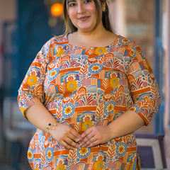 Beige Multi Printed Cotton Top with Round Neck & Three-Quarter Sleeves (Plus Size)