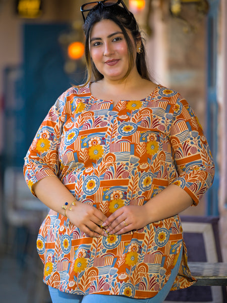 Beige Multi Printed Cotton Top with Round Neck & Three-Quarter Sleeves (Plus Size)