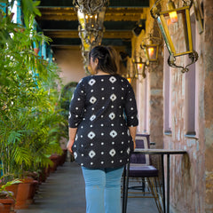 Black Printed Cotton Top with Round Neck & Three-Quarter Sleeves (Plus Size)