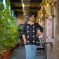 Black Printed Cotton Top with Round Neck & Three-Quarter Sleeves (Plus Size)