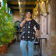 Black Printed Cotton Top with Round Neck & Three-Quarter Sleeves (Plus Size)