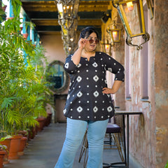 Black Printed Cotton Top with Round Neck & Three-Quarter Sleeves (Plus Size)