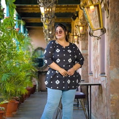 Black Printed Cotton Top with Round Neck & Three-Quarter Sleeves (Plus Size)
