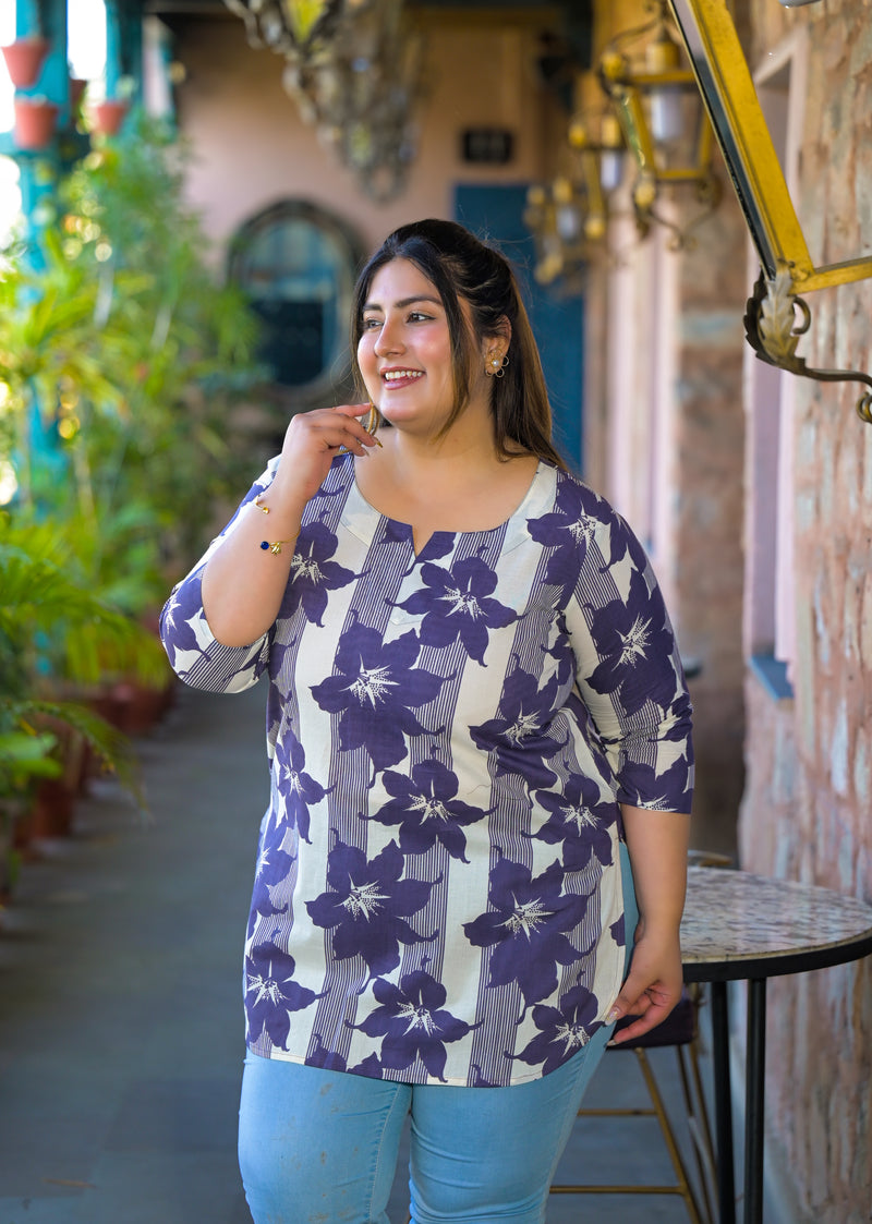 Purple Printed Cotton Top with Round Neck & Three-Quarter Sleeves (Plus Size)