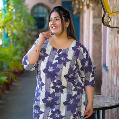 Purple Printed Cotton Top with Round Neck & Three-Quarter Sleeves (Plus Size)