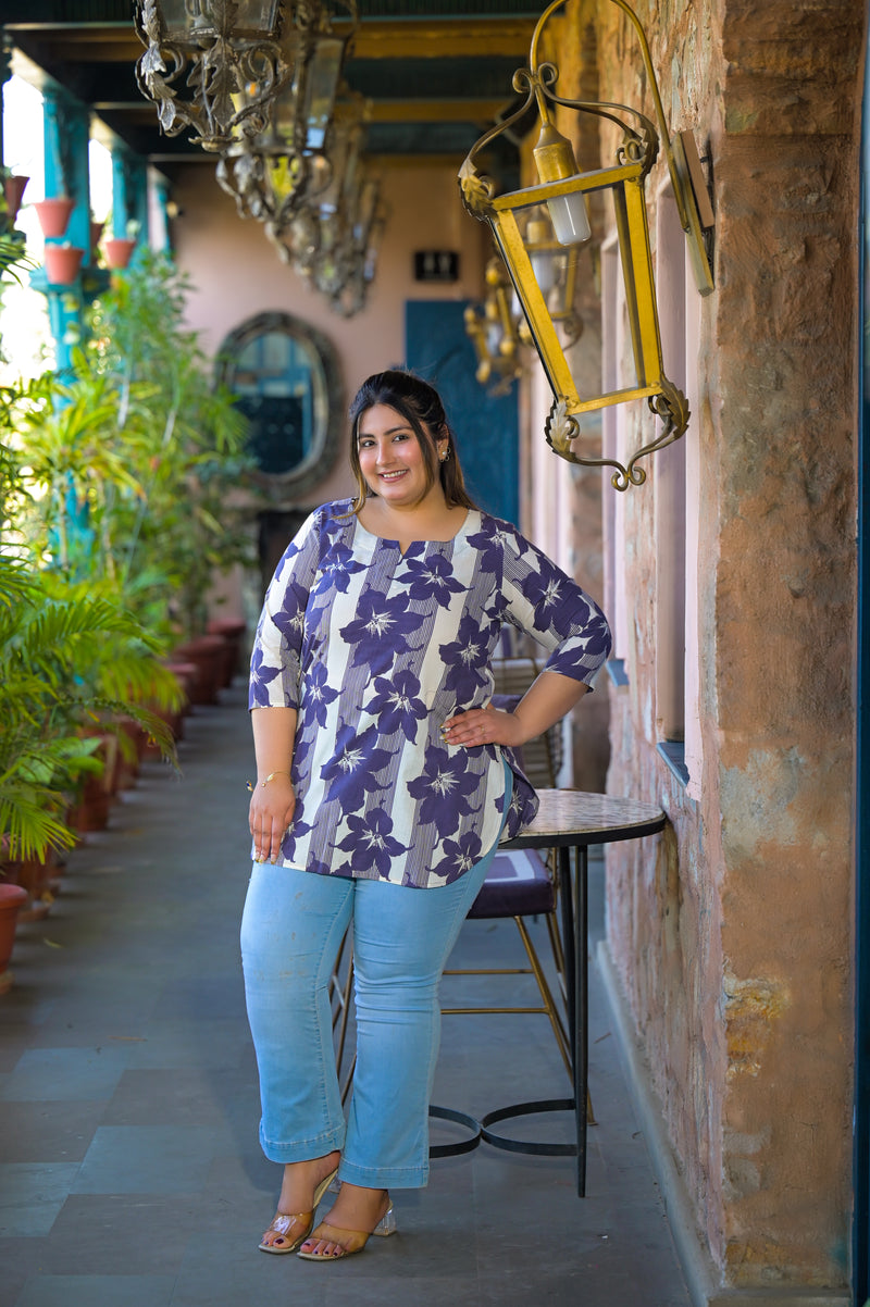 Purple Printed Cotton Top with Round Neck & Three-Quarter Sleeves (Plus Size)