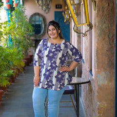 Purple Printed Cotton Top with Round Neck & Three-Quarter Sleeves (Plus Size)
