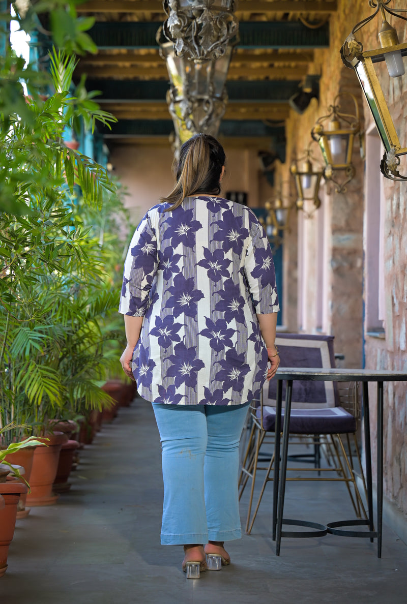 Purple Printed Cotton Top with Round Neck & Three-Quarter Sleeves (Plus Size)