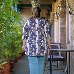 Purple Printed Cotton Top with Round Neck & Three-Quarter Sleeves (Plus Size)