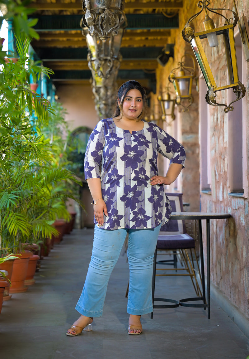 Purple Printed Cotton Top with Round Neck & Three-Quarter Sleeves (Plus Size)